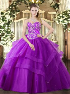 Sweetheart Sleeveless Tulle Quinceanera Dresses Beading and Ruffled Layers Lace Up