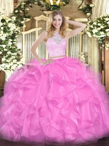 Eye-catching Lace and Ruffles Quinceanera Gowns Rose Pink Zipper Sleeveless Floor Length