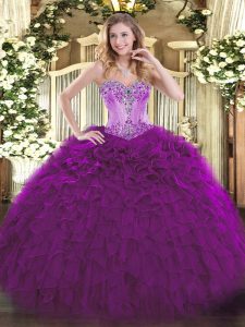 Colorful Eggplant Purple Ball Gowns Organza Sweetheart Sleeveless Beading and Ruffles Floor Length Lace Up 15 Quinceanera Dress