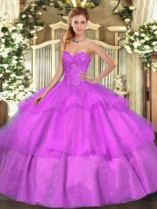 Sleeveless Floor Length Beading and Ruffled Layers Lace Up Sweet 16 Quinceanera Dress with Lilac