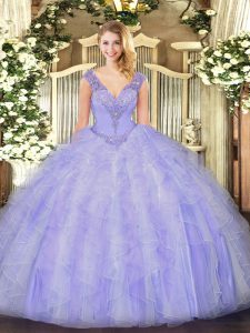 Cheap Lavender V-neck Neckline Beading and Ruffles Quinceanera Gowns Sleeveless Lace Up