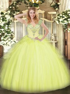 Fantastic Sleeveless Floor Length Beading and Ruffles Lace Up 15th Birthday Dress with Yellow Green