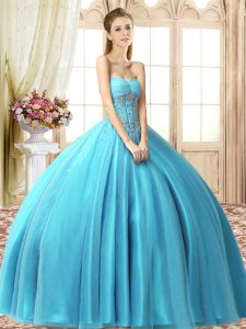 Aqua Blue Ball Gowns Tulle Sweetheart Sleeveless Beading Floor Length Lace Up 15 Quinceanera Dress