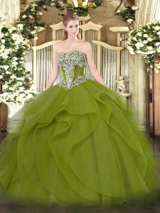 Ball Gowns Sweet 16 Quinceanera Dress Olive Green Strapless Tulle Sleeveless Floor Length Lace Up