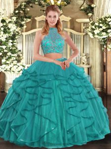 Turquoise Halter Top Criss Cross Beading and Ruffled Layers Quinceanera Gowns Sleeveless