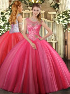 Fantastic Ball Gowns Sweet 16 Dresses Coral Red Scoop Tulle Sleeveless Floor Length Lace Up