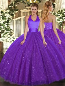 Dazzling Sleeveless Floor Length Sequins Lace Up Military Ball Gown with Purple