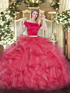 Perfect Appliques and Ruffles Quinceanera Gowns Coral Red Zipper Short Sleeves Floor Length