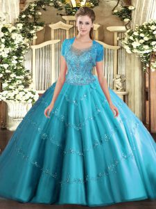 Sleeveless Clasp Handle Floor Length Beading and Appliques Quince Ball Gowns