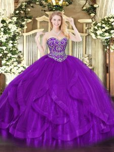 Sweetheart Sleeveless Quinceanera Gowns Floor Length Ruffles Eggplant Purple Tulle