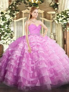 Modest Rose Pink Sleeveless Floor Length Beading and Lace and Ruffled Layers Zipper Quinceanera Dresses