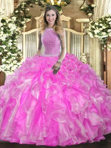 Rose Pink Sleeveless Beading and Ruffles Floor Length Quinceanera Dress