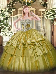 Olive Green Ball Gowns Strapless Sleeveless Organza and Taffeta Floor Length Lace Up Beading and Ruffled Layers Sweet 16 Dress