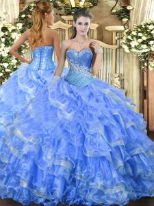 Floor Length Baby Blue 15 Quinceanera Dress Organza Sleeveless Beading and Ruffled Layers