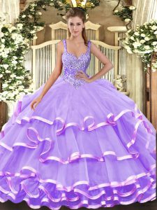 Straps Sleeveless Lace Up Sweet 16 Dresses Lavender Organza