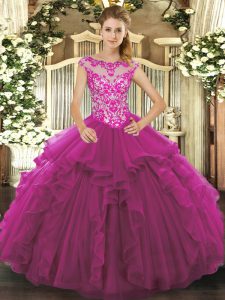 Fuchsia Scoop Lace Up Beading and Ruffles Quinceanera Gown Sleeveless