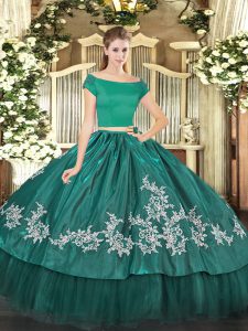 Teal Off The Shoulder Zipper Embroidery Sweet 16 Quinceanera Dress Short Sleeves