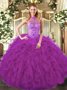 Ball Gowns 15 Quinceanera Dress Purple Halter Top Organza Sleeveless Floor Length Lace Up
