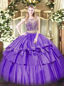 Elegant Lavender Sleeveless Organza and Taffeta Lace Up 15 Quinceanera Dress for Military Ball and Sweet 16 and Quinceanera