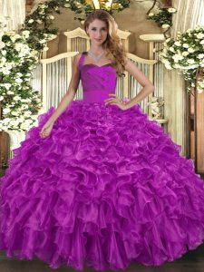 Fuchsia Sweet 16 Quinceanera Dress Military Ball and Sweet 16 and Quinceanera with Ruffles Halter Top Sleeveless Lace Up