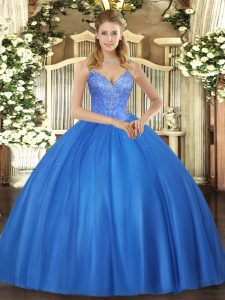 Floor Length Lace Up Quinceanera Gown Blue for Military Ball and Sweet 16 and Quinceanera with Beading