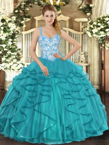 Teal Straps Neckline Beading and Ruffles Vestidos de Quinceanera Sleeveless Lace Up