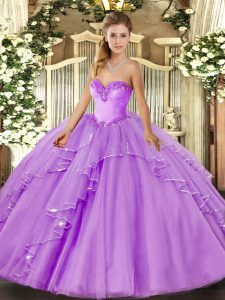 Sweet Sweetheart Sleeveless Ball Gown Prom Dress Floor Length Beading and Ruffles Lavender Tulle