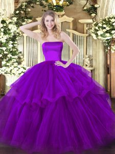 Tulle Strapless Sleeveless Brush Train Zipper Ruffled Layers Sweet 16 Dresses in Purple