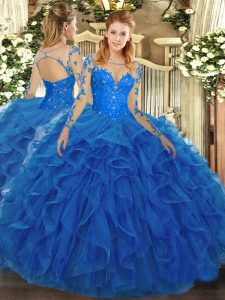 Blue Lace Up Scoop Lace and Ruffles Ball Gown Prom Dress Tulle Long Sleeves