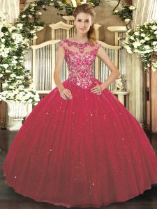 Luxurious Cap Sleeves Floor Length Beading and Appliques Lace Up 15th Birthday Dress with Wine Red