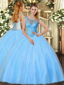 Best Baby Blue Tulle Lace Up Military Ball Gowns Sleeveless Floor Length Beading