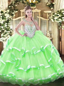 Affordable Floor Length 15 Quinceanera Dress Organza Sleeveless Beading and Ruffled Layers