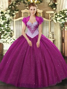 Excellent Fuchsia Ball Gowns Sweetheart Sleeveless Tulle Floor Length Lace Up Beading and Sequins 15th Birthday Dress