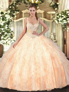 Peach Straps Lace Up Beading and Ruffles Quinceanera Gowns Sleeveless