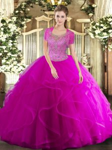 Luxurious Beading and Ruffled Layers 15 Quinceanera Dress Fuchsia Clasp Handle Sleeveless Floor Length