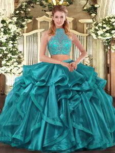 Suitable Sleeveless Organza Asymmetrical Criss Cross Ball Gown Prom Dress in Turquoise with Beading and Ruffled Layers