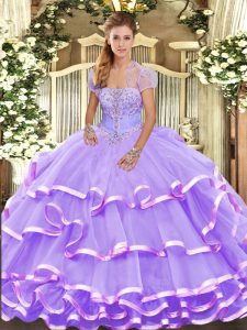 Admirable Lavender Sweet 16 Quinceanera Dress Military Ball and Sweet 16 and Quinceanera with Beading and Ruffled Layers Strapless Sleeveless Lace Up