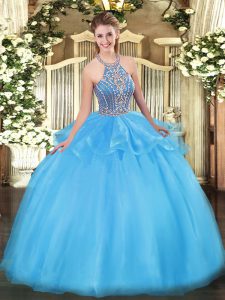 Sleeveless Tulle Floor Length Lace Up Quinceanera Gown in Aqua Blue with Beading and Ruffles