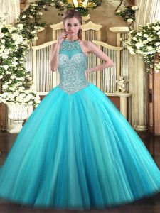 Custom Fit Aqua Blue Quinceanera Dresses Military Ball and Sweet 16 and Quinceanera with Beading Halter Top Sleeveless Lace Up