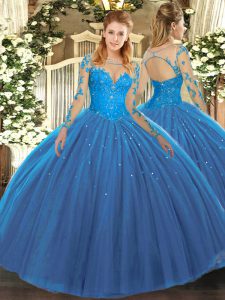 Teal Scoop Neckline Lace Quinceanera Gowns Long Sleeves Lace Up