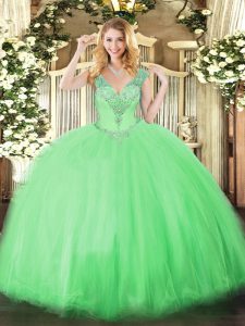 Attractive Floor Length Lace Up Sweet 16 Quinceanera Dress Apple Green for Military Ball and Sweet 16 and Quinceanera with Beading