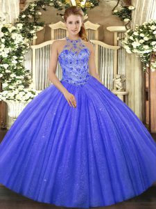 Beading and Embroidery Quinceanera Dresses Blue Lace Up Sleeveless Floor Length