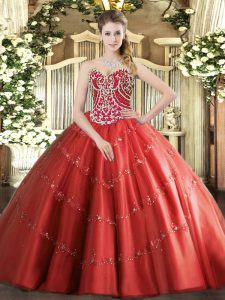 Extravagant Floor Length Lace Up Quinceanera Gown Red for Military Ball and Sweet 16 and Quinceanera with Beading and Appliques