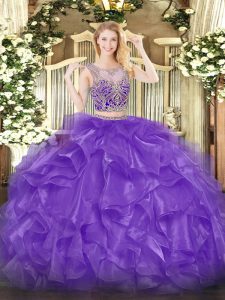 Classical Floor Length Eggplant Purple Sweet 16 Dresses Organza Sleeveless Beading and Ruffles