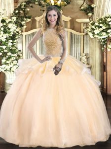 Fine Peach Organza Lace Up Ball Gown Prom Dress Sleeveless Floor Length Beading
