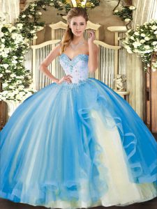 Baby Blue Sleeveless Floor Length Beading and Ruffles Lace Up Quince Ball Gowns