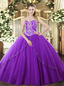 Clearance Lace Up Quinceanera Dresses Purple for Military Ball and Sweet 16 and Quinceanera with Beading Brush Train