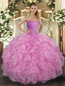 Rose Pink Tulle Lace Up Sweetheart Sleeveless Floor Length Sweet 16 Quinceanera Dress Beading and Ruffles