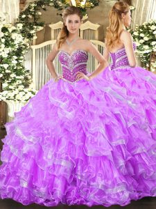 Extravagant Sleeveless Organza Floor Length Lace Up Sweet 16 Dresses in Lilac with Beading and Ruffled Layers