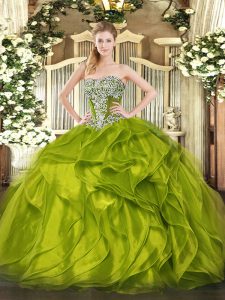 Olive Green Ball Gowns Beading and Ruffled Layers Vestidos de Quinceanera Lace Up Organza Sleeveless Floor Length